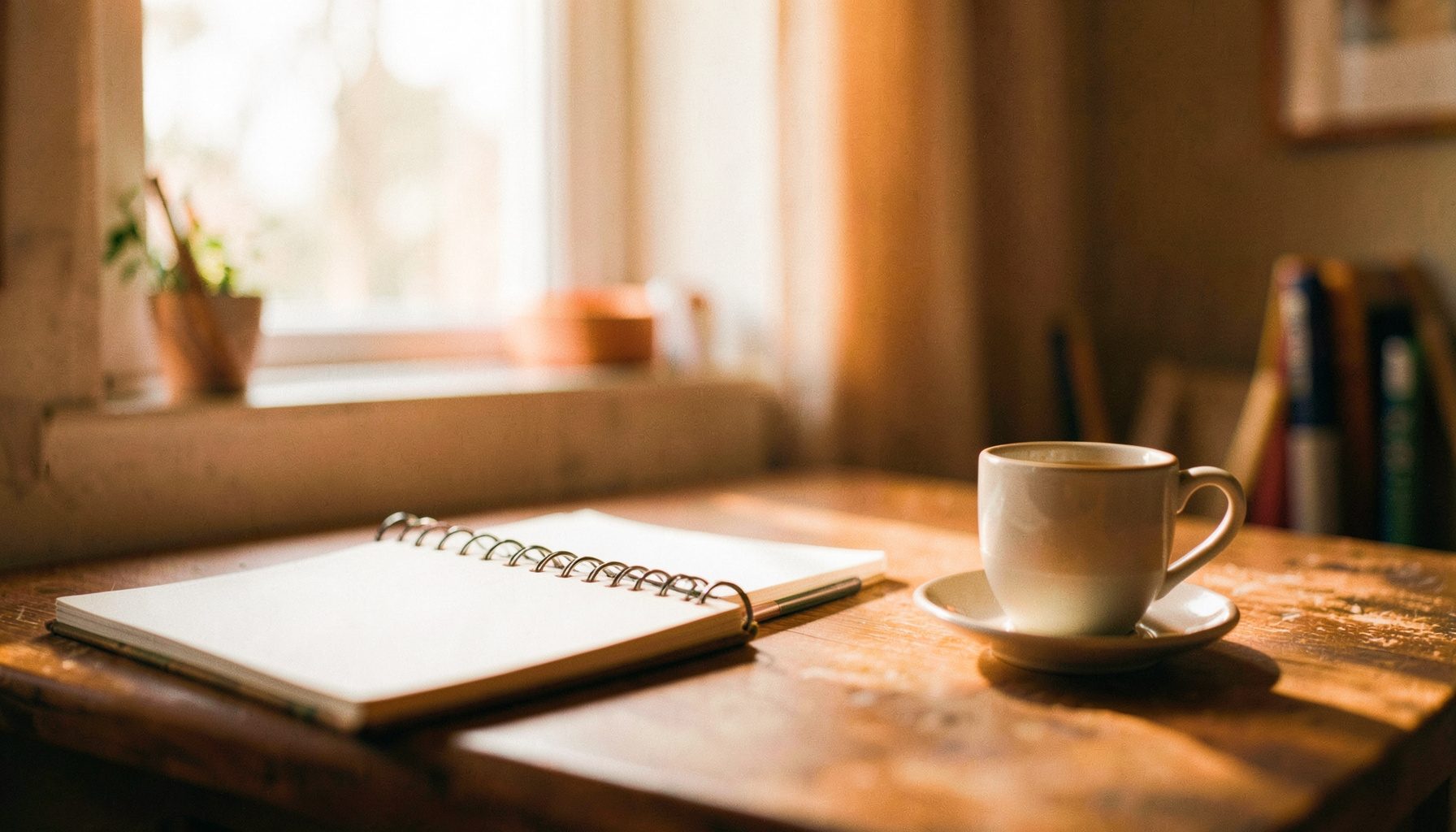 A wide cinematic frame with shallow depth of field showing a cozy creative workspace with a notebook, a cup of tea, and soft natural light filtering through a window, warm beige and blush tones