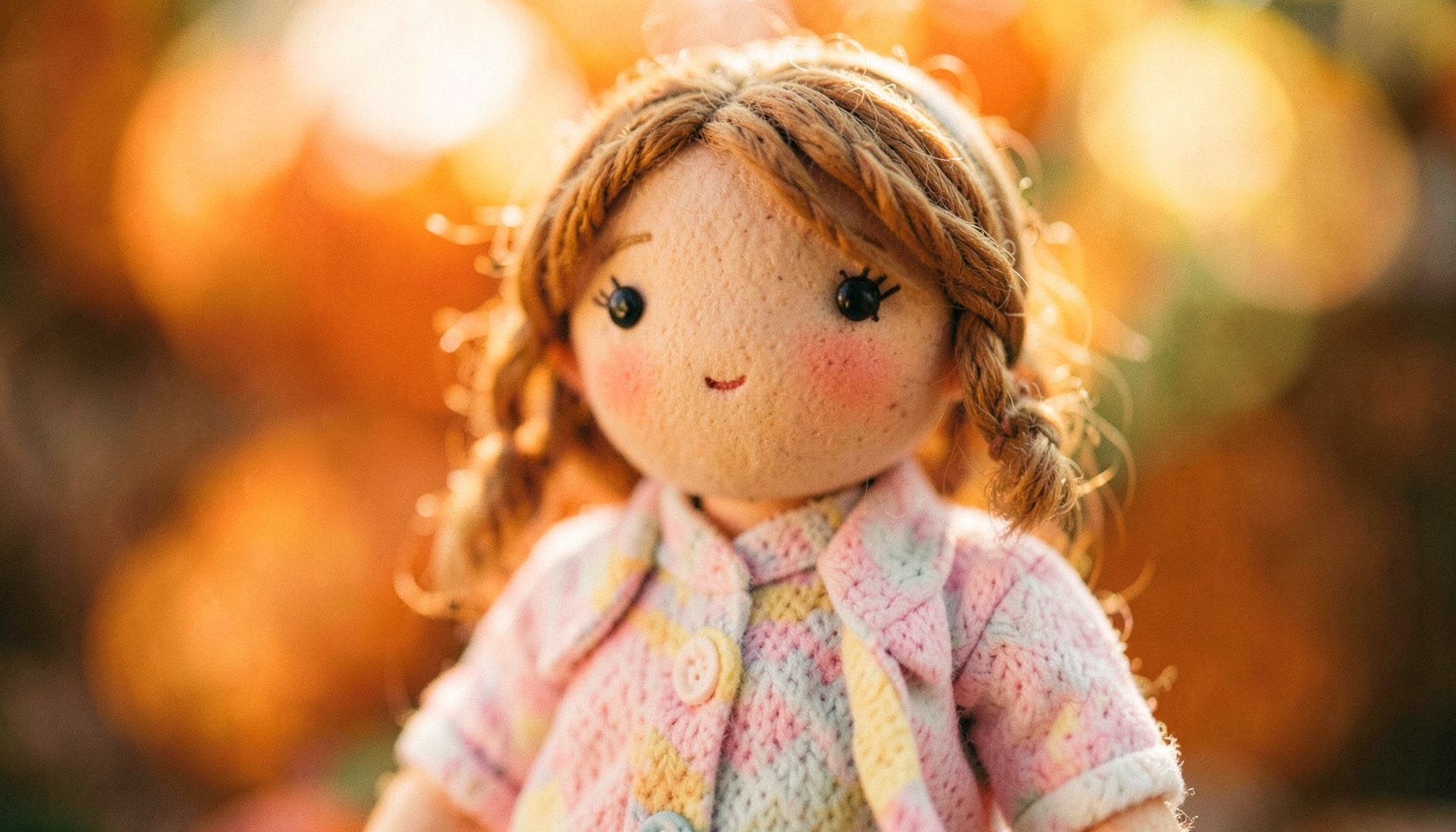 A soft-focus close-up of a custom Blythe doll with hand-sewn pastel clothing, warm natural light, and a dreamy bokeh background
