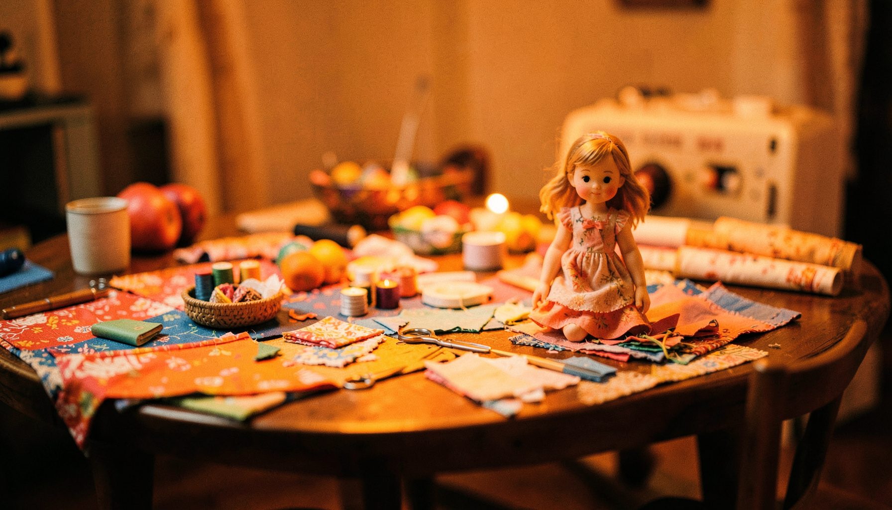 A crafting table with colorful fabric scraps, miniature sewing supplies, and a Blythe doll in progress