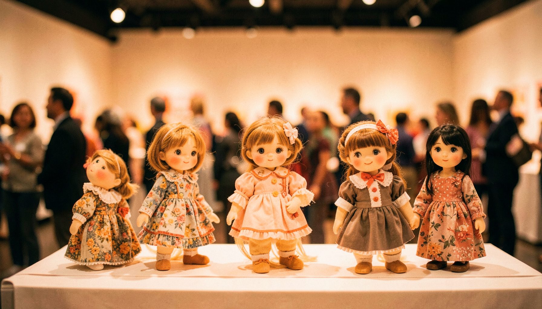 Several custom Blythe dolls displayed together at a doll show, with soft gallery lighting and blurred visitors in the background