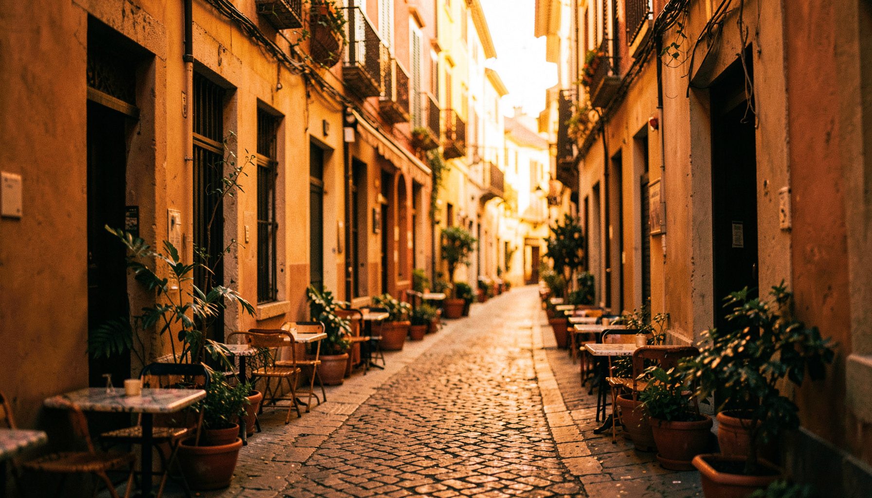 Warm evening light falling across a narrow Barcelona street lined with small restaurant tables and potted plants, golden and terracotta tones
