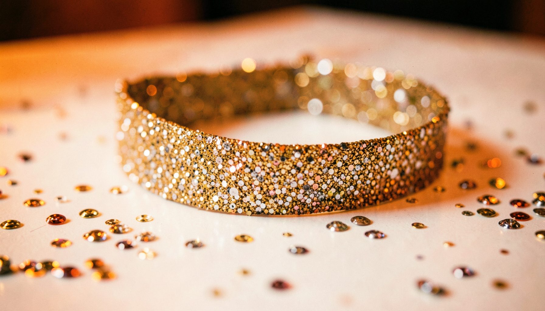 Close-up of a handmade glitter collar in gold and silver tones resting on a white surface with scattered sequins