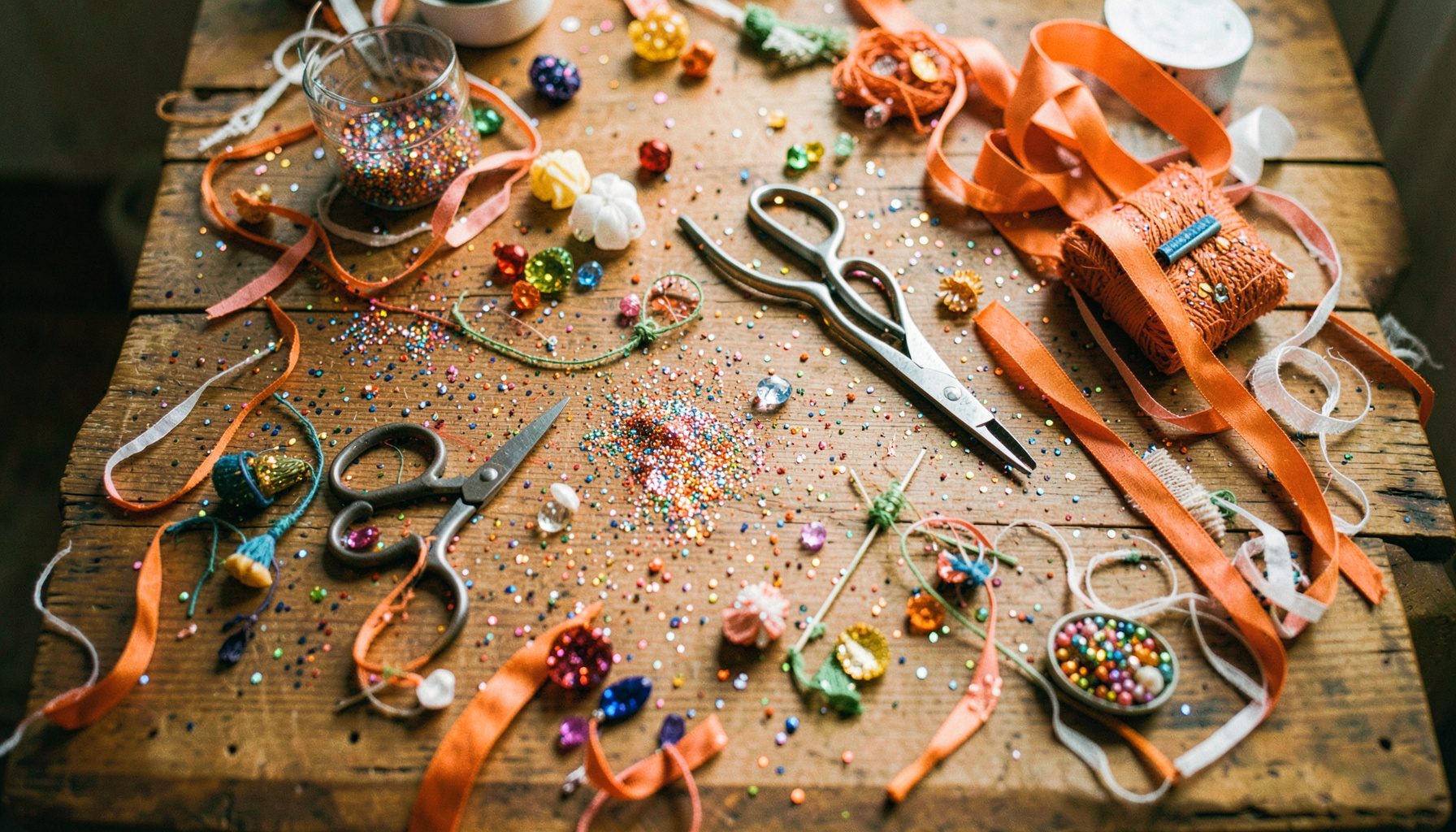Overhead shot of a wooden craft table scattered with colorful glitter, scissors, ribbons, and handmade embellishments in soft natural light