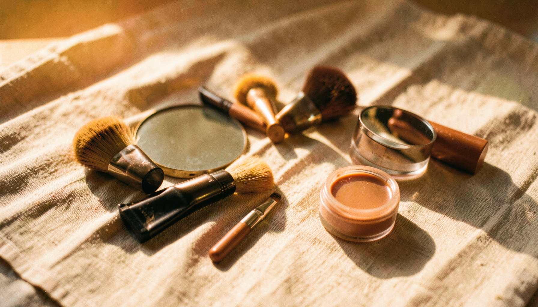 A flat lay of natural makeup brushes, a compact mirror, and a small pot of tinted balm on a linen cloth in warm daylight