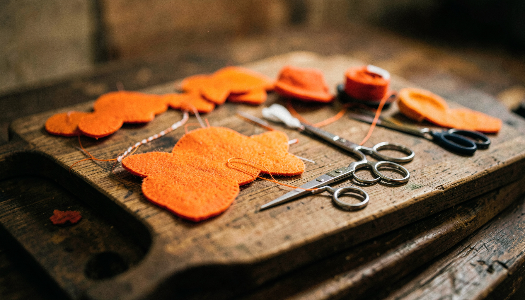 Assorted handmade craft supplies including felt shapes, embroidery thread, and tiny scissors arranged on a rustic wooden board