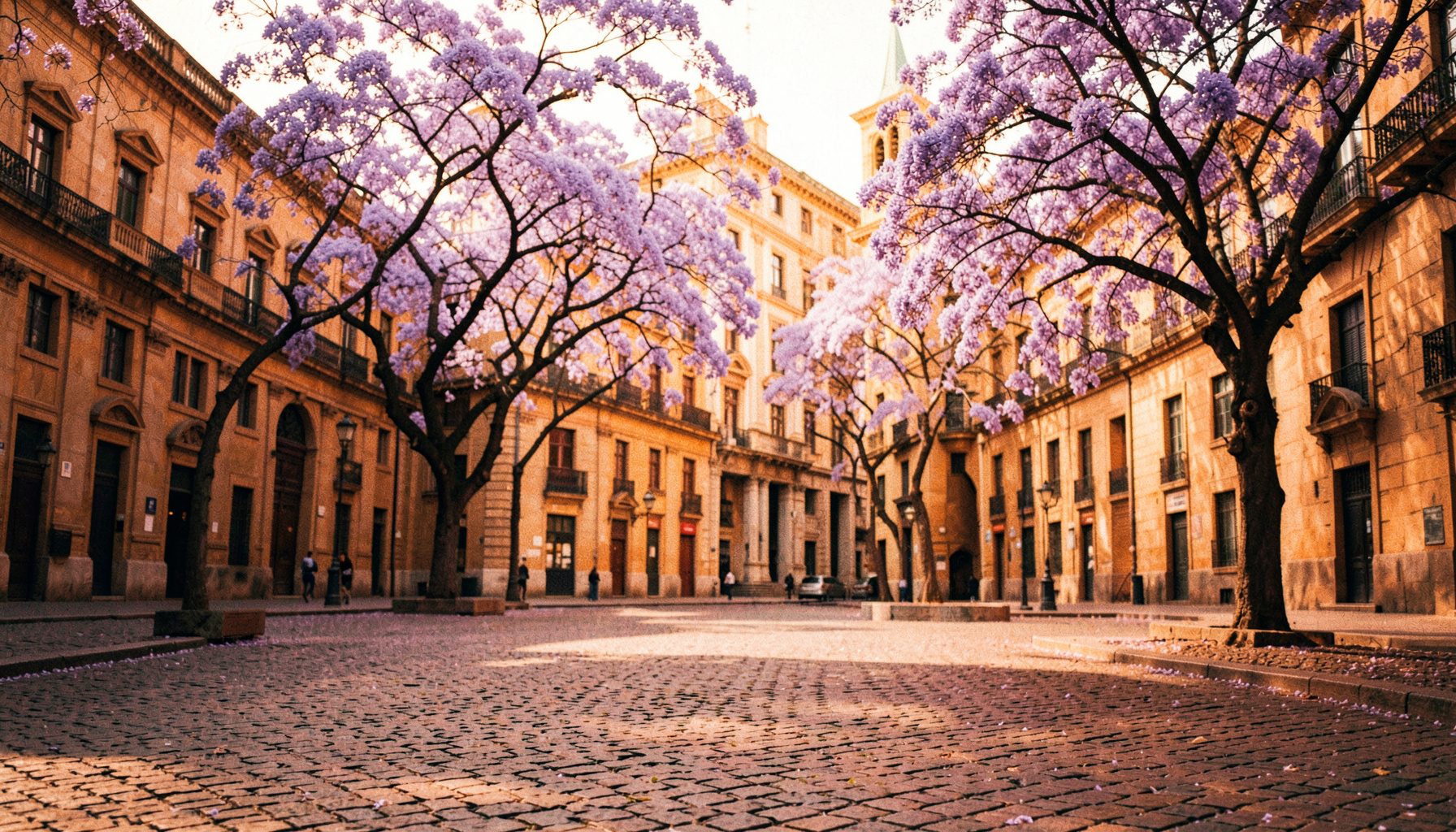 Sunlit cobblestone plaza in Buenos Aires with jacaranda trees in bloom and soft lavender tones against warm sandstone architecture
