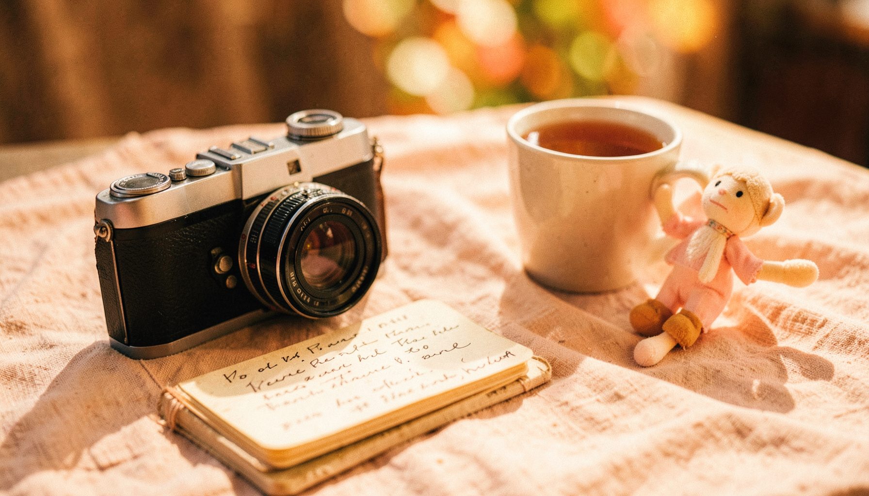 A warm, sunlit flat-lay of a vintage camera, a handwritten notebook, a cup of tea, and a small Blythe doll on a blush-beige linen cloth, with soft bokeh in the background
